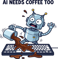 Funny cartoon robot spilling coffee on keyboard with AI needs coffee quote, tech humor illustration for posters, stickers, and bundles