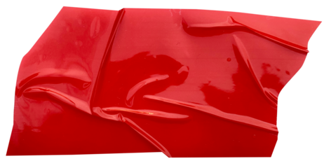 Crumpled torn pieces of red packing tape, adhesive sealing tape, sticky torn plastic on transparent background.