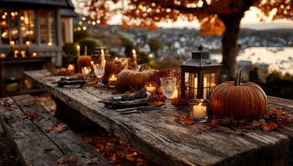 Autumnal outdoor dining table with pumpkins, candles, and fall leaves overlooking harbor at sunset
