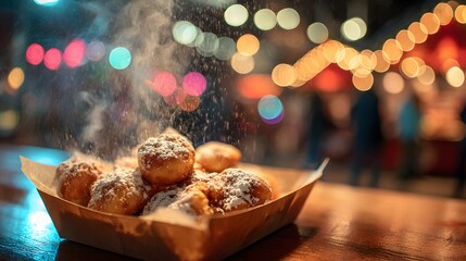 Fresh poffertjes with powdered sugar at festive night market.