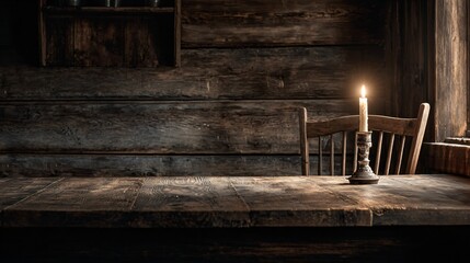 A rustic dining room interior, single candle illuminating antique setting, shadows on wooden walls, peaceful