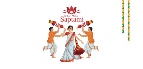 nabami mahasaptami celebration illustration with traditional attire, drum, conch shells, lotus symbol and festive garland honoring durga puja