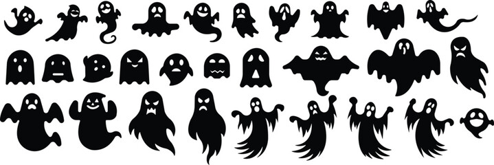Art & IllustrationCute ghost creation kit icon set.Halloween spooky monsters, scary spirit or poltergeists flying at night.cute ghost creation kit, changeable face, flat design vector.sticker, clipart