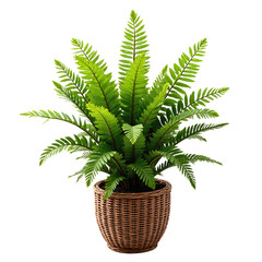 A potted plant with lush green fern-like leaves in a woven light brown wicker basket on a...