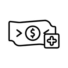 Outline drawing of a dollar bill with a greater than symbol and a plus sign in a square shape icon