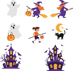 Halloween cartoon illustration with ghosts, witches, haunted houses, black cat, bats, spooky moon, festive costumes, trick or treat fun