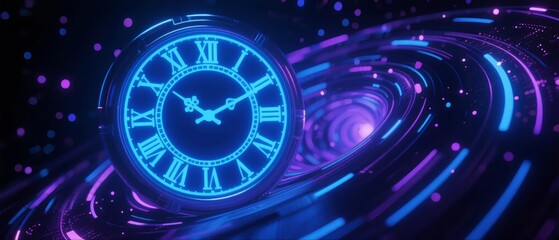 Obraz premium Neon clock in space with time vortex