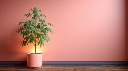 A potted cannabis plant, blooming with buds, sits against a modern wall, its vibrant greens complementing the room's stylish and minimalist interior design beautifully.