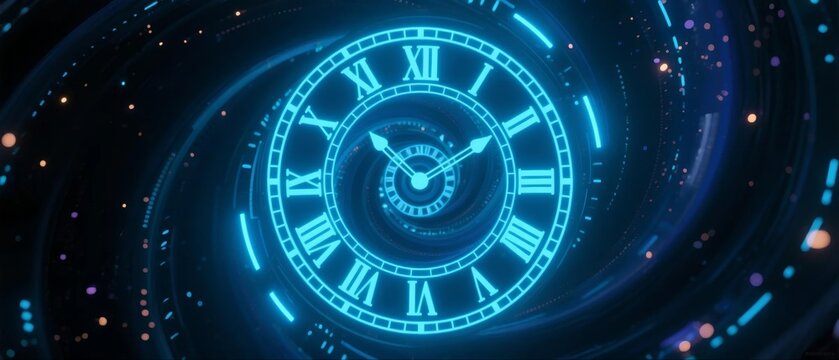 Neon clock in space spiral - Powered by Adobe