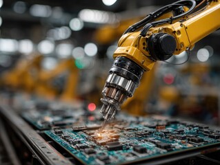 Automated robotic arm soldering circuit boards in factory