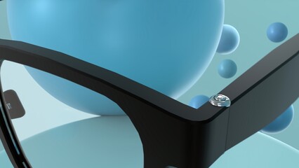 Close up detail of black AR glasses with metallic hinge on abstract pastel background
