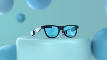 Black AR glasses with blue lenses on minimal pastel background