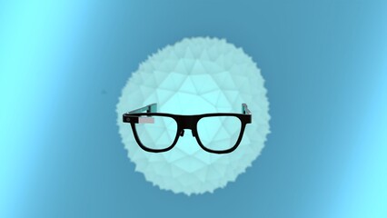 Black AR glasses floating in front of abstract polygon sphere on blue gradient background