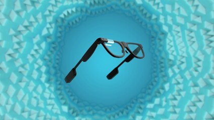 Black AR smart glasses on 3D turquoise tunnel abstract background