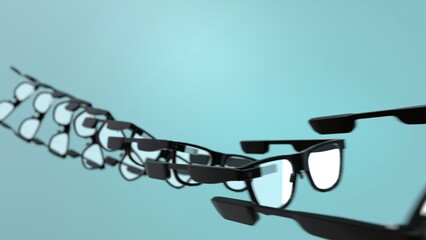 Multiple AR smart glasses on turquoise background in perspective view