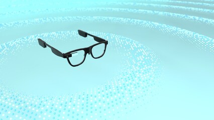 AR smart glasses on turquoise digital wave background with copy space