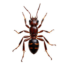 Highly detailed macro shot of a reddish-brown wasp or hornet with orange stripes against a transparent  background, representing intricate nature and wildlife.