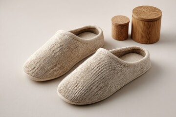 Beige slip-on slippers on light gray background, with two wooden containers