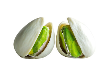 Two split pistachio nuts with green kernels isolated on a transparent background