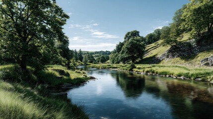 Serene river winds through lush green landscape under a bright sky.