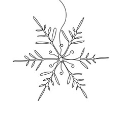Continuous one-line drawing of a snowflake. New Years celebration concept isolated on white background. Vector sketch illustration