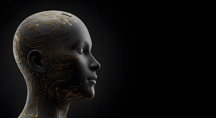 Obraz premium Profile view of a stylized human head with glowing gold circuit board patterns on a dark background, representing artificial intelligence and digital technology.