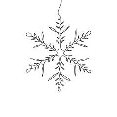 Continuous one-line drawing of a snowflake. New Years celebration concept isolated on white background. Vector sketch illustration