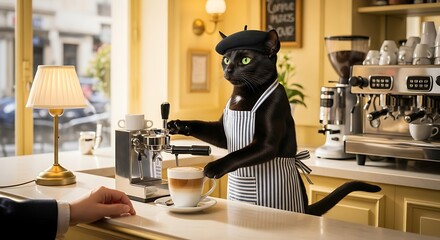 Cat barista serving latte