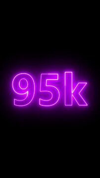 Glowing red neon 95K light text animation. Shining neon number motion graphic for 95K followers and subscribers celebration. Social media milestone achievement neon effect video on black background.