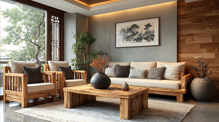 modern living room with wooden furniture