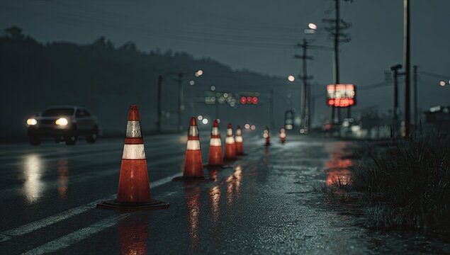Rainy night road closure. Traffic cones line a wet roadway - Powered by Adobe