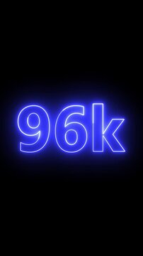 Glowing red neon 96K light text animation. Shining neon number motion graphic for 96K followers and subscribers celebration. Social media milestone achievement neon effect video on black background.