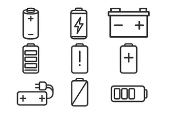 Battery icon set. Vector outline pictograms. Energy and power charge level indicator. Full and low accumulator status. Car, alkaline, phone battery symbols for infographics.