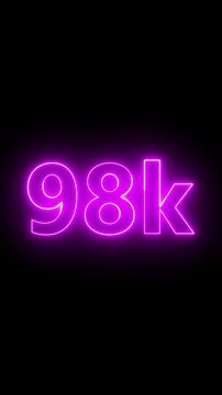 Glowing red neon 98K light text animation. Shining neon number motion graphic for 98K followers and subscribers celebration. Social media milestone achievement neon effect video on black background.