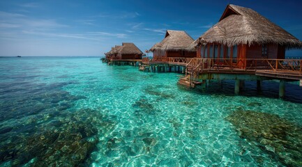 Oceanfront bungalows on stilts. Turquoise water. Sunny day