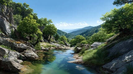 A serene mountain stream flows through a lush valley, reflecting the vibrant greenery and clear blue sky.