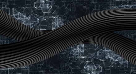 Intertwined black industrial cables flowing over a futuristic digital network grid for technology concepts