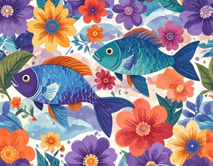 Colorful fish and flowers pattern
