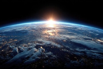 Earth from space, sunrise.  Vast expanse of planet, clouds, land, and water, bathed in sunrise glow