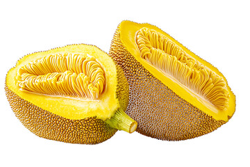 Vibrant Jackfruit Halves Revealing Yellow Pulp and Fibers isolated on a transparent background