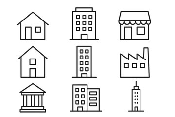Building icon set. Real estate and architecture symbols. Thin line collection of house, office, bank, factory, store. Vector linear pictogram for web, app, ui. Editable stroke.