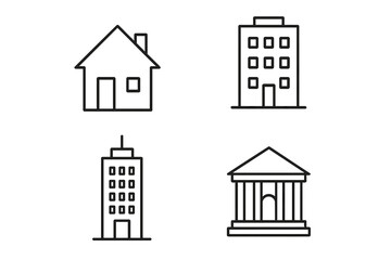 Building icon set thin line art. Editable stroke vector collection. House, office, bank, skyscraper. Real estate, architecture, and city symbols for web and mobile apps.