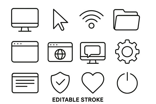 Computer desktop & web interface line icon set. Vector symbols for UI and UX design. Contains monitor, cursor, wifi, folder, browser, security & power icons. Editable stroke.