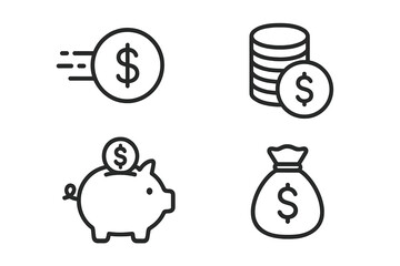 Money and savings line icon set. Finance, investment, and banking concepts. Vector icons of piggy bank, coin stack, money bag, and fast payment for web, UI, and apps. Editable stroke.