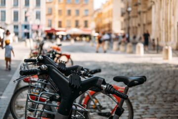 Row of shared bicycles parked on cobblestone street with blurred city life in the background. Urban sustainability, active transportation, car free zones, low emission commuting