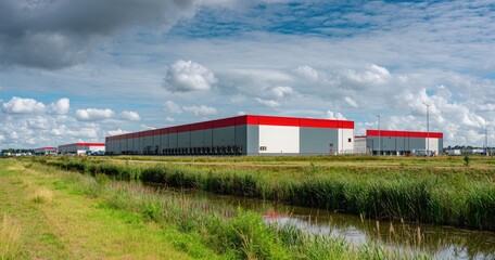 Fototapeta premium Modern warehouse complex beside a canal