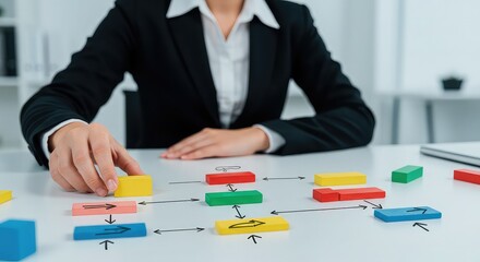 Professional businesswoman meticulously arranging colorful blocks to visualize a strategic business process flow on a modern office desk, planning success.