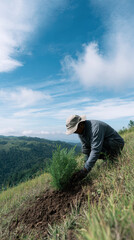Person planting tree on hillside trail under blue sky