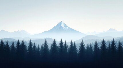 Fototapeta premium Silhouetted pine forest leading to snow peak, minimalist alpine layers