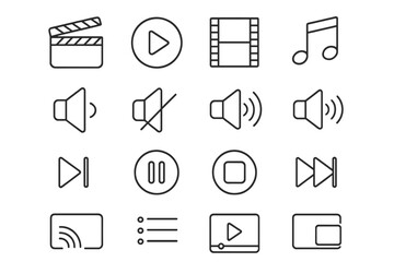 Media player line icon set. Video and audio control buttons for UI UX design. Editable stroke symbols for play,pause, stop, volume, fast forward, mute, and clapperboard.